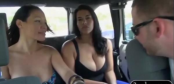  Two sexy women flash their big boobies for some money